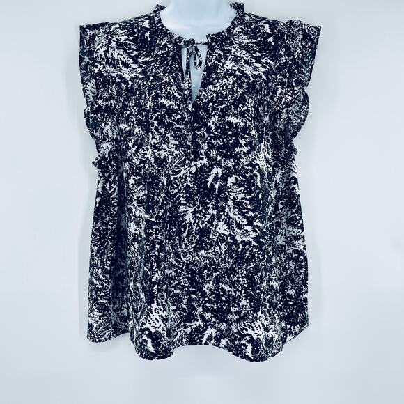 H Halston Black White Abstract Short Flutter Sleeve Blouse XL - Picture 1 of 7